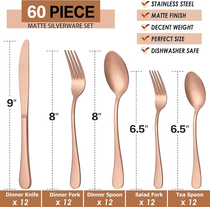 LIANYU 60 Piece Matte Copper Silverware Set - Image 2