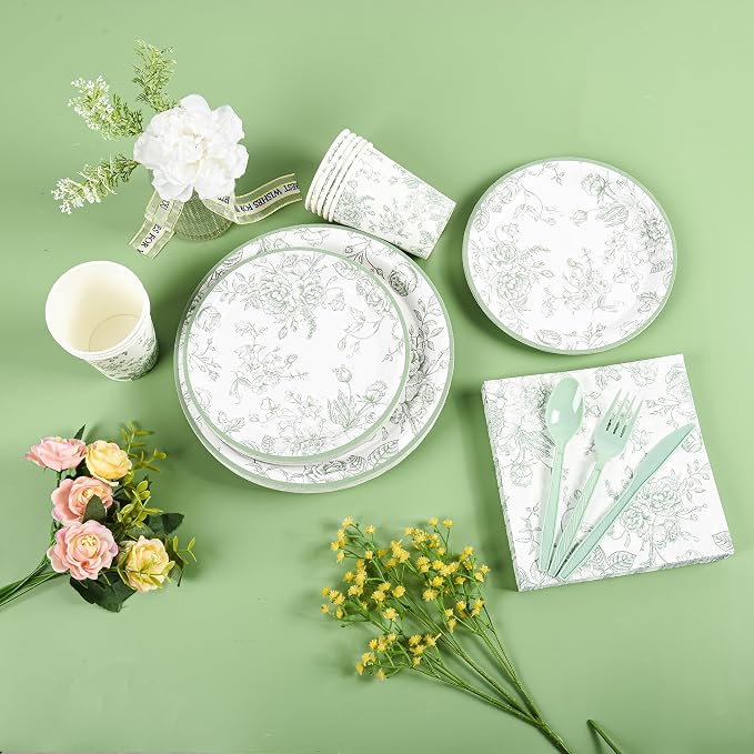 175Pcs Sage Green Floral Paper Plates and Napkins 25 Guests Green Toile - Image 3