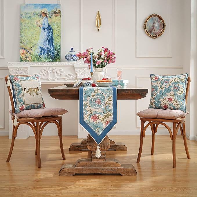Patdrea Designer Vintage French Linen Table Runner, Elegant Blue Floral Pattern - Image 2