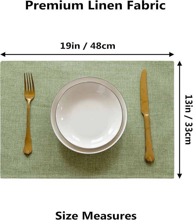 Demetex Green Placemat Set of 4 Washable Linen Textured Place Mats - Image 4