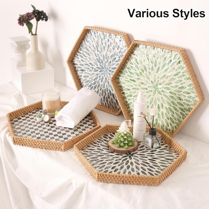 Hexagon Rattan Tray with Mother of Pearl Inlay, Rattan Serving Tray - Image 3