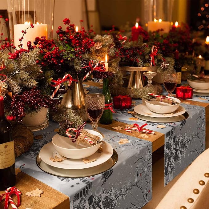 Christmas Snowman Table Runners 120 Inches Long, Cotton Linen Fabric Snowflake - Image 2