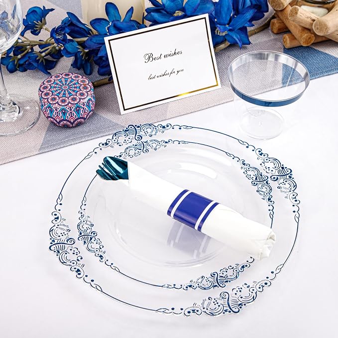 175 Pcs Clear Blue Plates for Graduation | Blue Party Plates Set for 25 Guests - Image 8