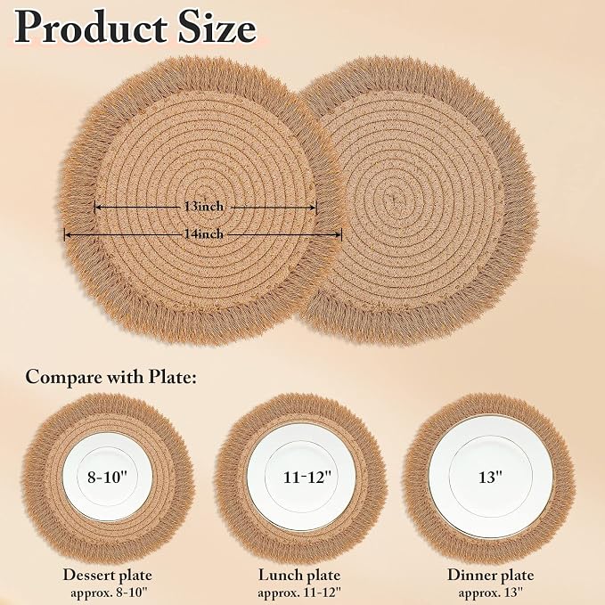 13 Inch Round Cotton Placemat Set of 4 Boho Placemats Table Mats Woven Washable - Image 2