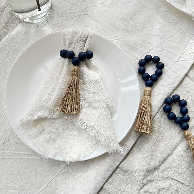 Napkin Rings Set of 12, Wooden Bead Elastic Tassel Napkin Ring | Tassel Napkin - Image 3