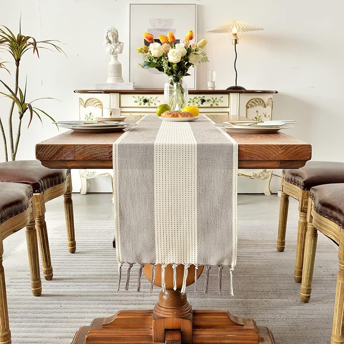 Wracra Linen Table Runner, Stripe Table Runners 36 Inches Long Coffee | - Image 4
