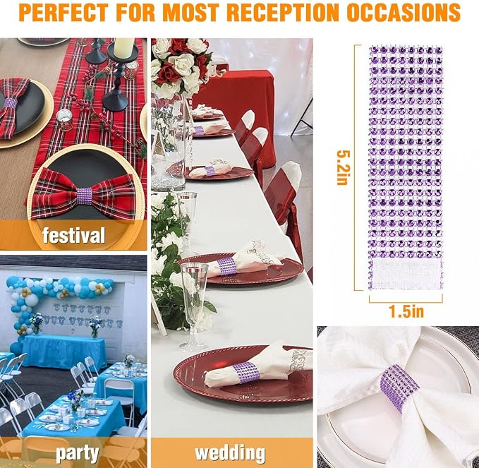 Purple Napkin Rings Holder Set of 150pcs, Crystal Diamond Bling Napkin Rings - Image 3
