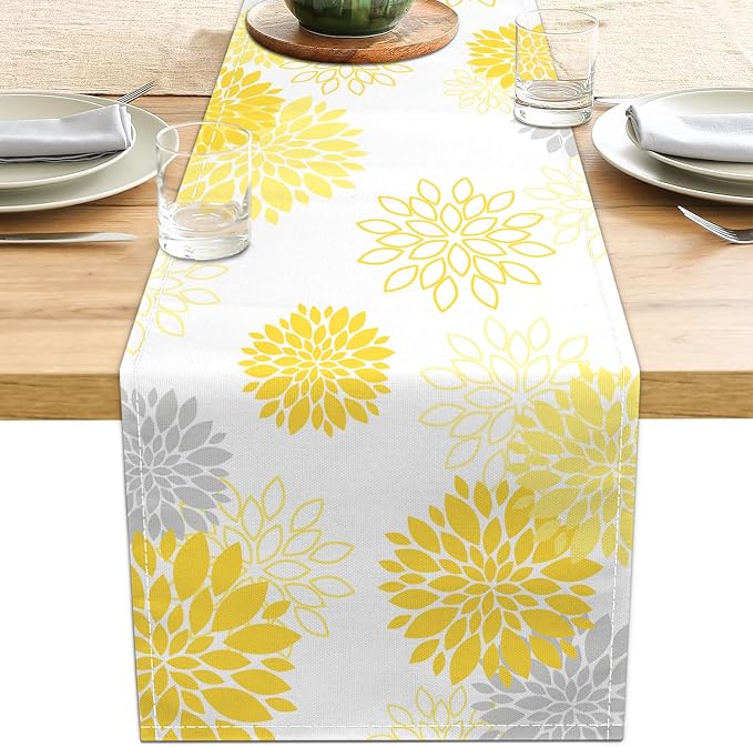 Dahlia Flower Table Runner 13x71 Inch Farmhouse Yellow Gray Runners Modern by LXXTK