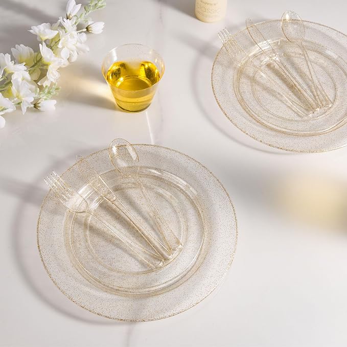 BESTVIP 600PCS Gold Glitter Dinnerware Set - Image 4