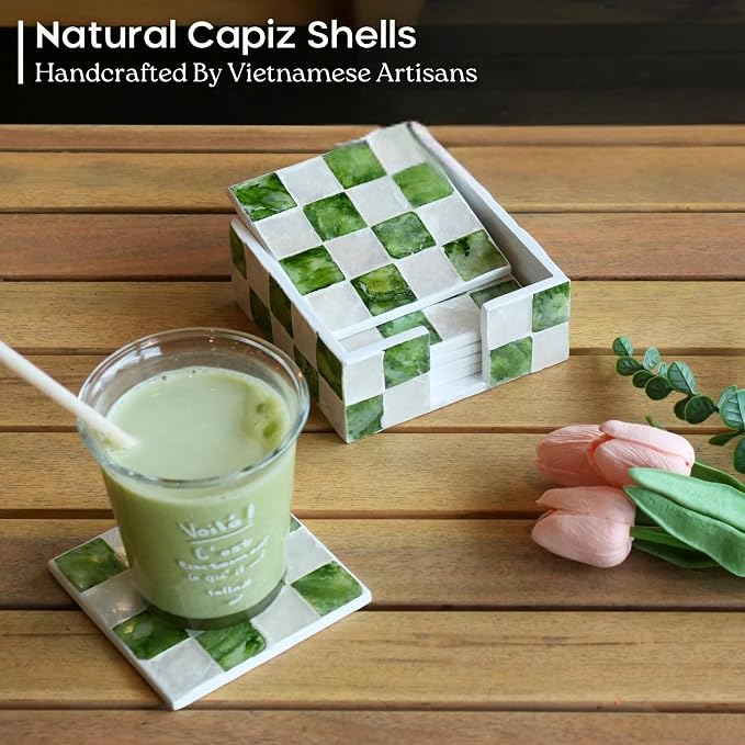 4" Capiz Checkered Coasters Set 6 - Image 2