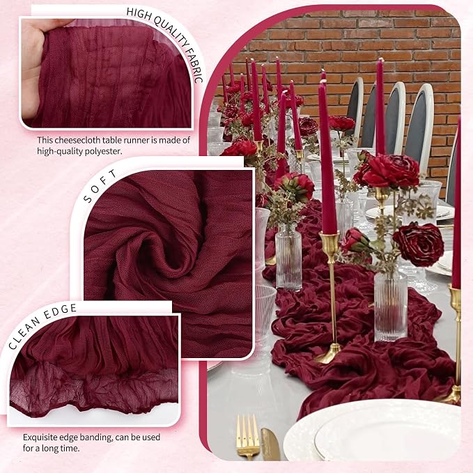 4 Pack Cheesecloth Table Runner 10FT Burgundy Red Table Runner Boho Gauze - Image 3