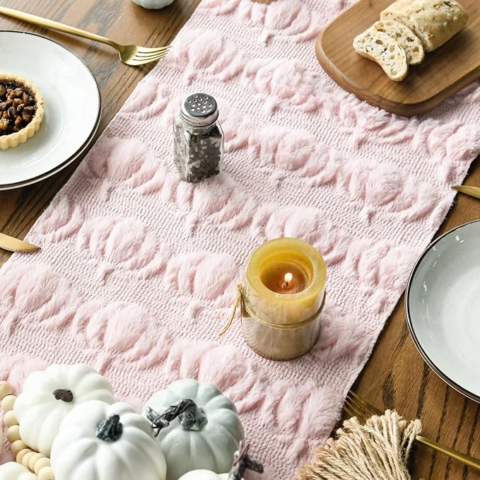 Artoid Mode Pink Soft Faux Fur Pumpkins Fall Table Runner 13x90 Inch | Seasonal - Image 4