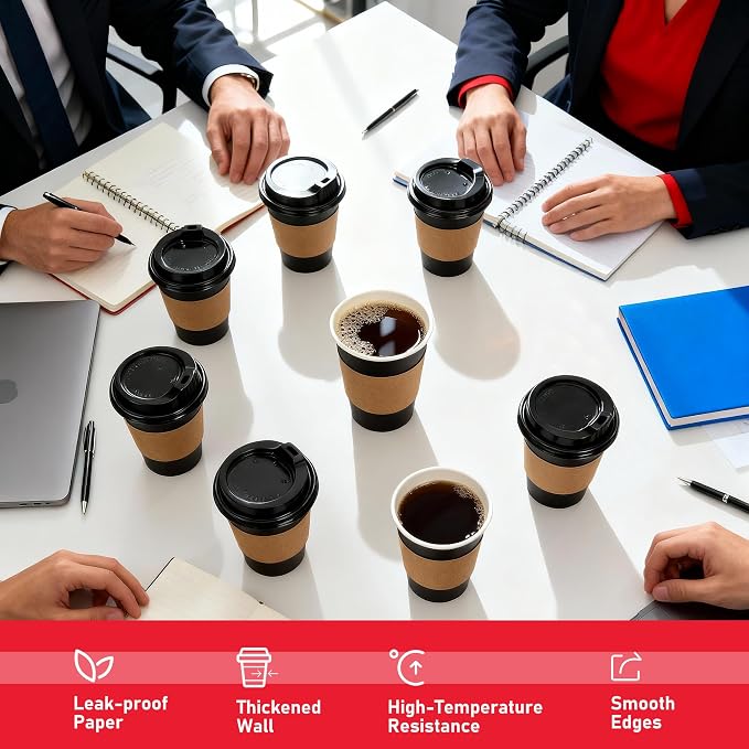 12 oz Paper Coffee Cups with Lids 100 Pack, Sleeves and Stirring Sticks - Image 3