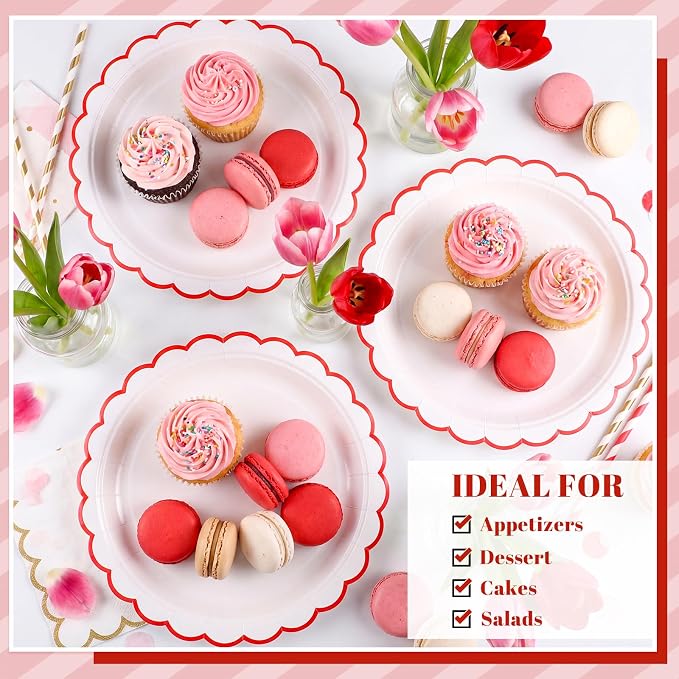 NatNarr 30 Pcs Red Paper Plates 9" Scalloped Red White Party Plates | Cute - Image 6