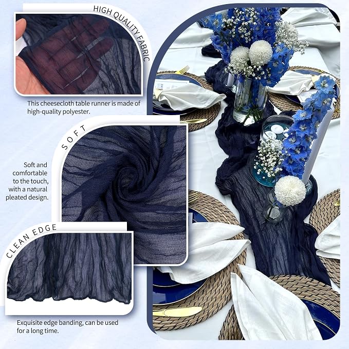 Showgeous 2 Pack Navy Blue Cheesecloth Table Runners Boho Wedding Decor | - Image 3