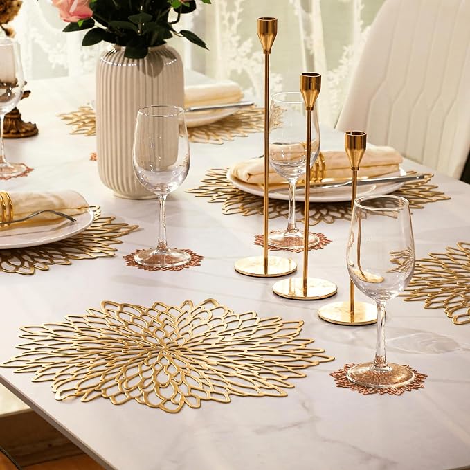 Snowkingdom Set of 12 Gold Metallic Placemats Laminated Vinyl Round Leaf - Image 5