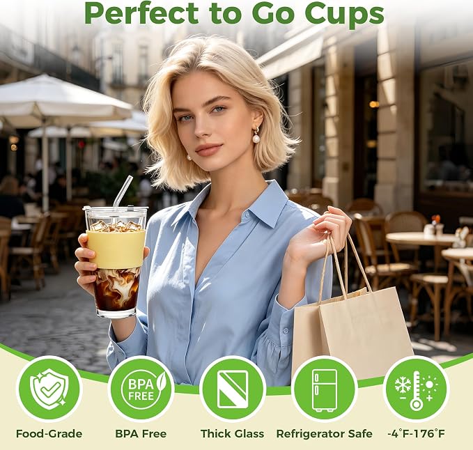 Birity 16oz Glass Cup with Lid and Glass Straw, Reusable Iced Coffee Cups - Image 2