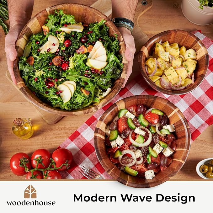 Wooden Salad Bowl Set of 3, Wavy Wood Bowls - Image 5