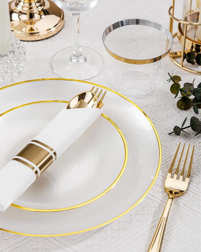 Morejoy 60Pcs Pearl White Plastic Plates, Modern swirl design Plates Include - Image 2