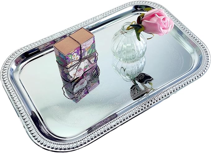 Elegant Floral Engraved Serving Tray Chrome Plated Steel Plate Platter - Image 5