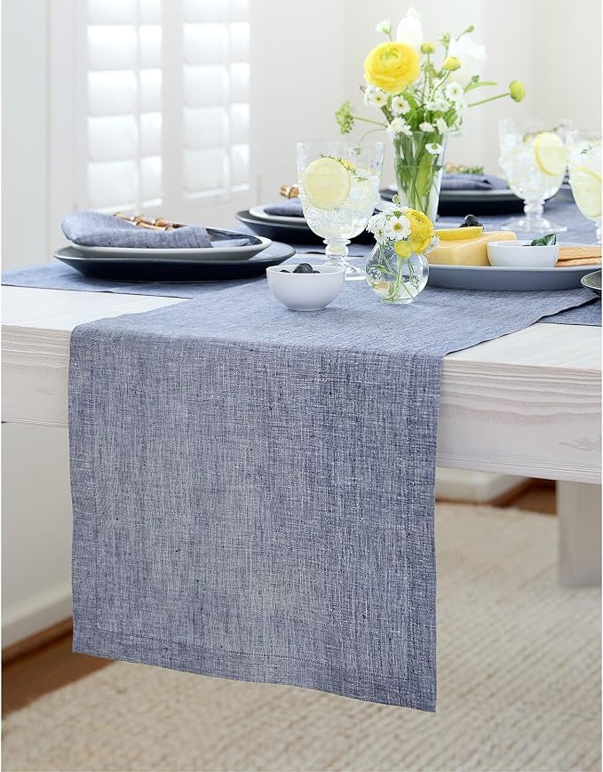 Solino Home 100% Pure Linen Table Runner Indigo Long, Athena 14 x 132 in | by SolinoHome