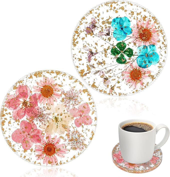2pcs Dried Flower Drink Coasters, Flower Resin Drink Cup Mat Reusable Floral by Unknown