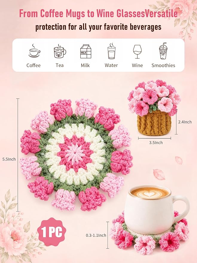 Crochet Flower Bouquet Coasters, Cotton Tulip Gifts - Image 2
