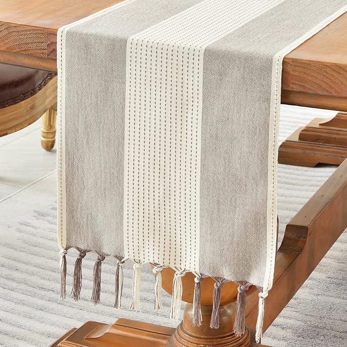 Wracra Linen Table Runner, Stripe Table Runners 72 Inches Long Coffee | by Wracra