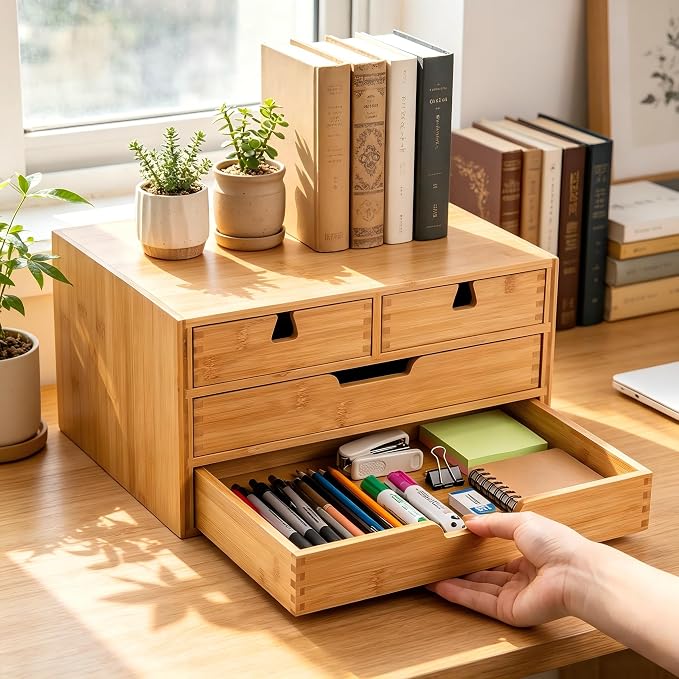 Bamboo Desk Organizer, 100% Natural Bamboo Desktop Drawer Organizer, Tabletop - Image 6