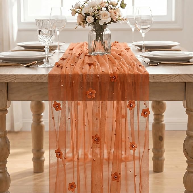 Artoid Mode Caramel Flower Pearl Pink Gauze Table Runner 10FT 6PC, Seasonal - Image 2