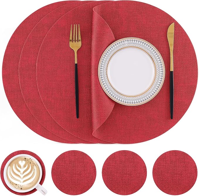 Homaxy Round Faux Leather Placemats and Coasters, Wipeable Place Mats, by Homaxy