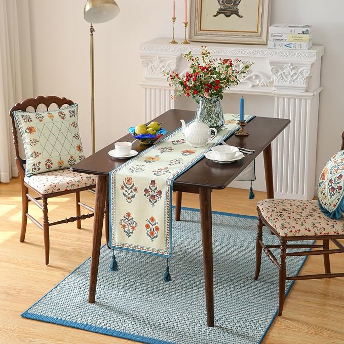 Designer French Linen Long Table Runner, Floral Pattern, Dining Table, Kitchen - Image 7