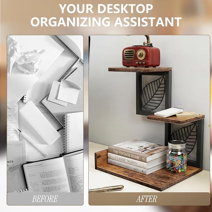 Desk Shelf Organizer, 3 Tier Desktop Leaf Small Bookshelf | Adjustable rustic - Image 5