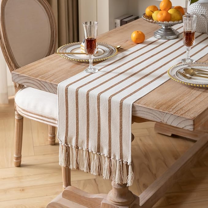 Caflife Boho Table Runner 108 Inchs Long Brown and Beige, Cotton and Linen Woven - Image 2