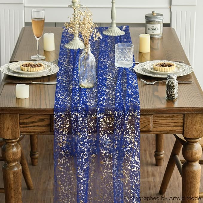 Artoid Mode 3PCS Blue Gold Gauze Table Runner 120 Inch 10FT, Glitter Metallic - Image 2