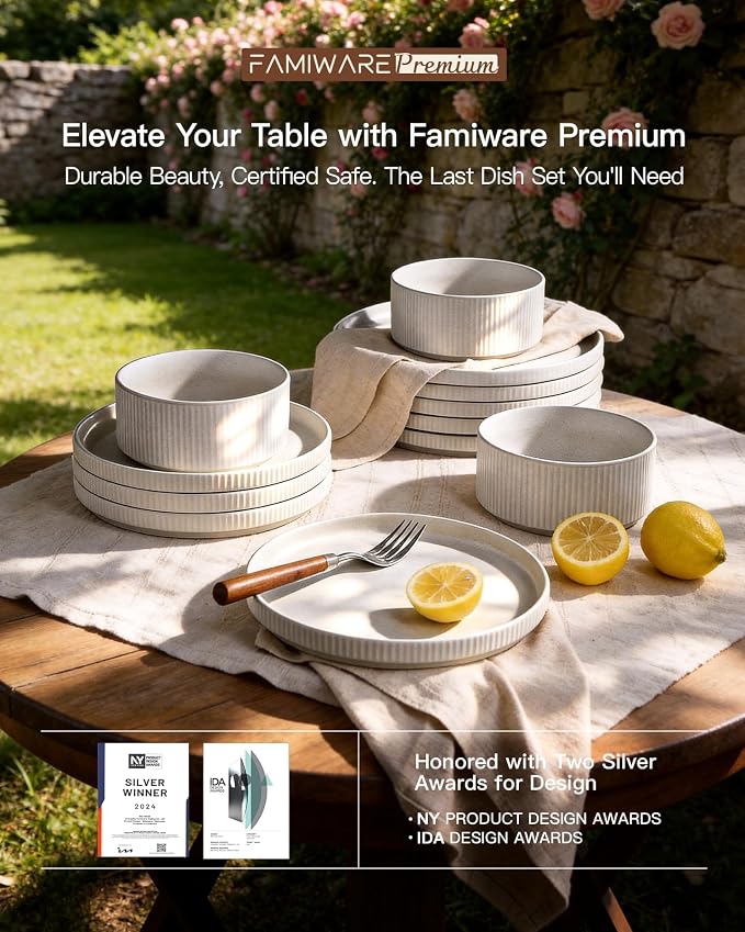 Stoneware Dinnerware Set for 4, 8-Piece Wide Pasta Bowls and Salad Plates | - Image 8