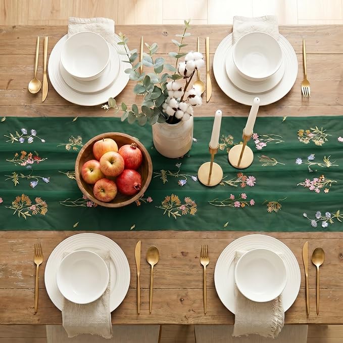 Artoid Mode Wildflower Floral Green Gauze Embroidery Table Runner 120 Inch 10FT - Image 5