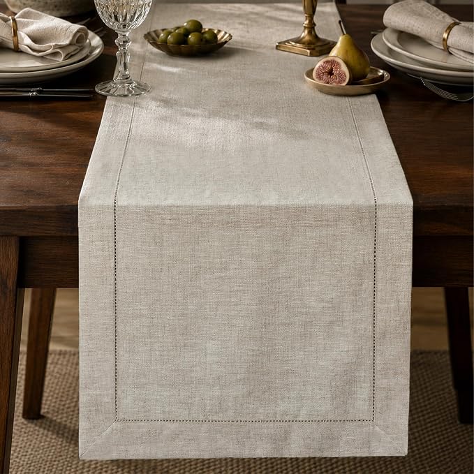 100% Pure French Linen Table Runner 72 Inches Long, Natural Hemstitch Tablecloth by KINGSTONE