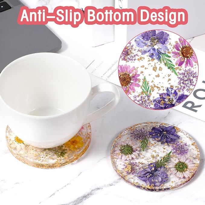 Amabro Dried Flower Drink Coasters, Floral Resin Drink Cup Mat Set of 2 - Image 4