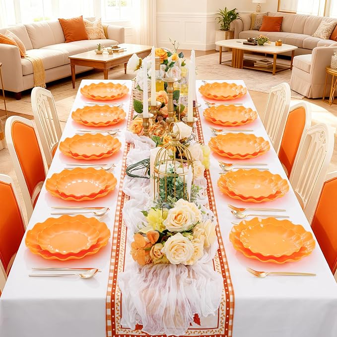 LIYH 50 Pcs Orange Scalloped Plastic Plates, Unbreakable Dishwasher Safe | BPA - Image 8