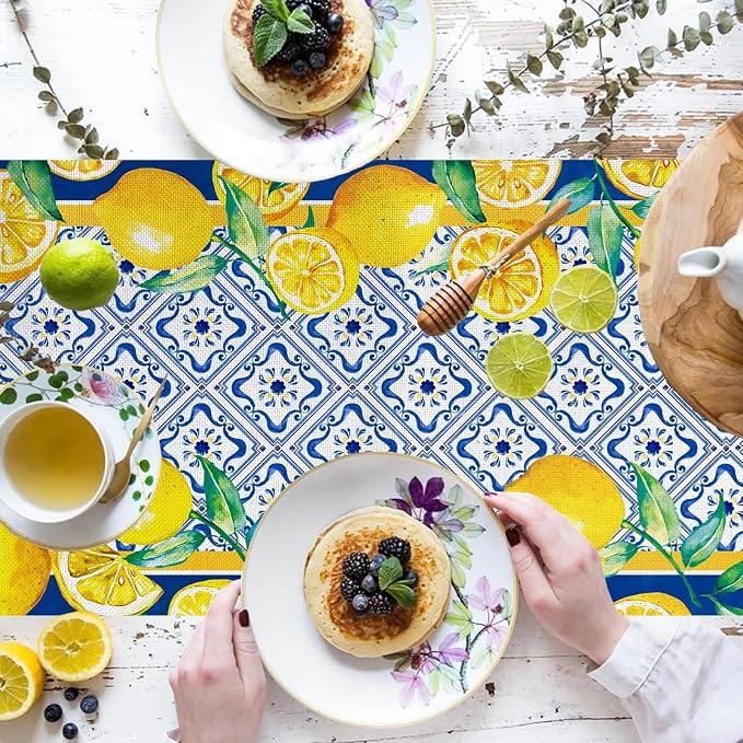 Capri Blue Lemon Table Runner Italy Tile Burlap Artificial Yellow Lemon Fruit - Image 4