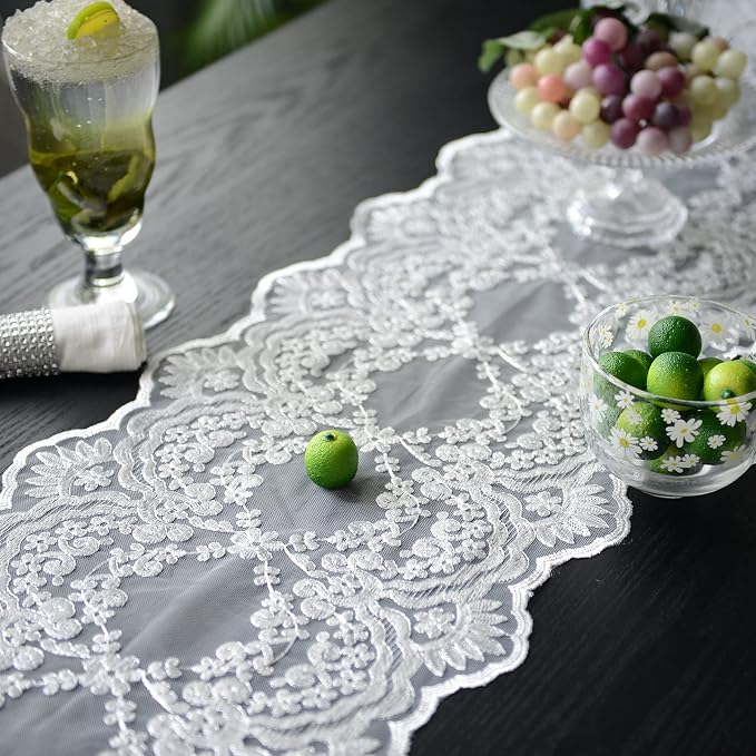 SUTAVIA Lace Patio Table Runner 12"×84" White Embroidered Dresser Scarf | - Image 3