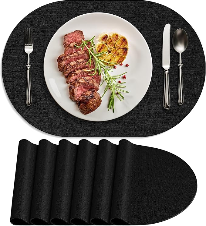 Placemats for Dining Table Set of 6 Non-Slip, Heat Resistant Oval Leather by Delicateandelegantplacemats