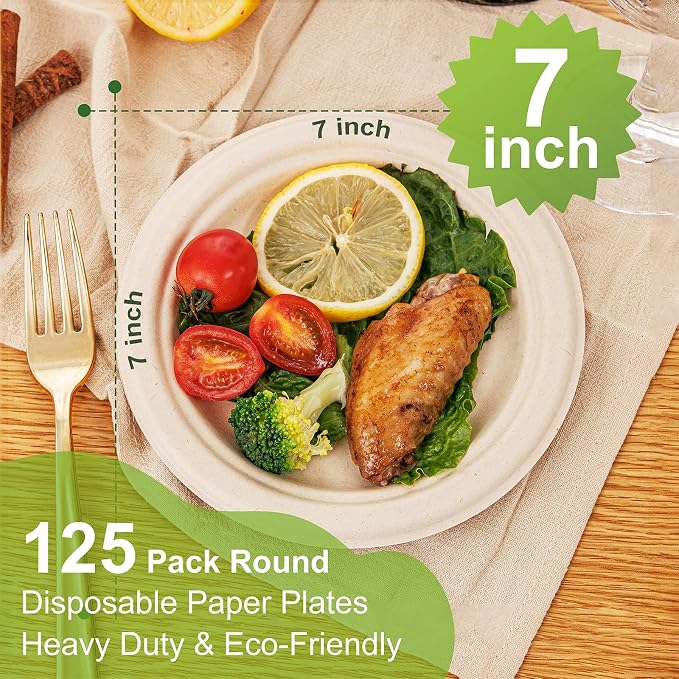 WELLIFE 7 Inch Paper Plates 125-Pack Small Dessert Paper Plates | 100% - Image 2