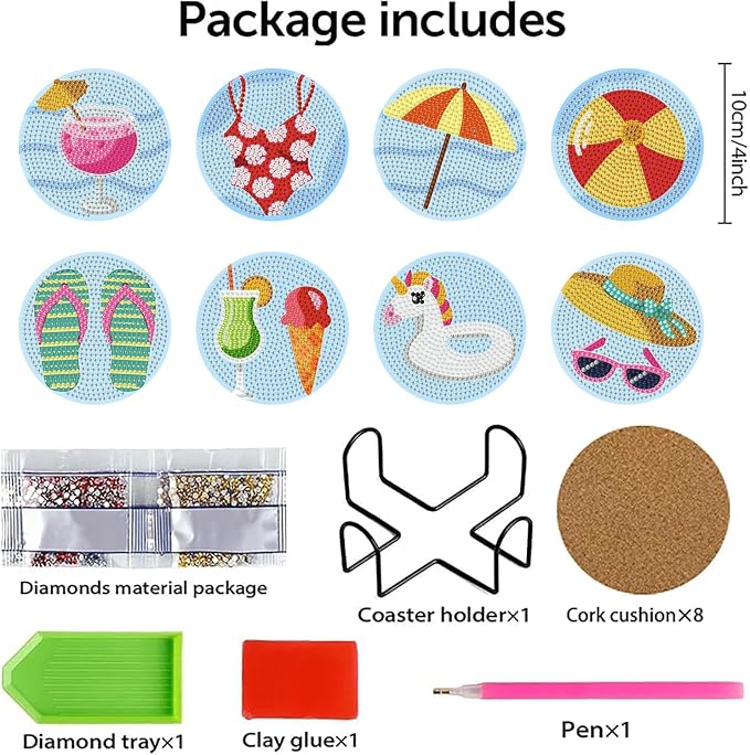 Benjenes 8PCS Summer Diamond Art Coasters Kit - Image 2