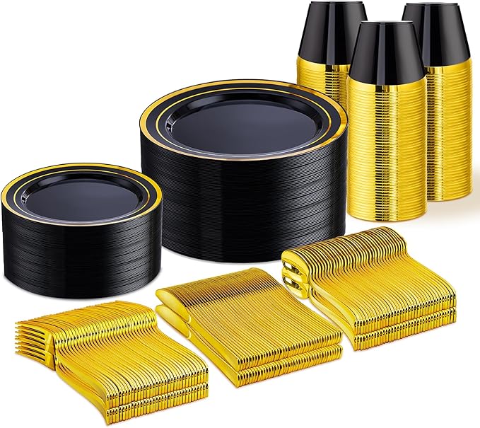 WELLIFE Black and Gold Plates, Plastic Dinnerware Set by WELLIFE