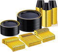 WELLIFE Black and Gold Plates, Plastic Dinnerware Set by WELLIFE