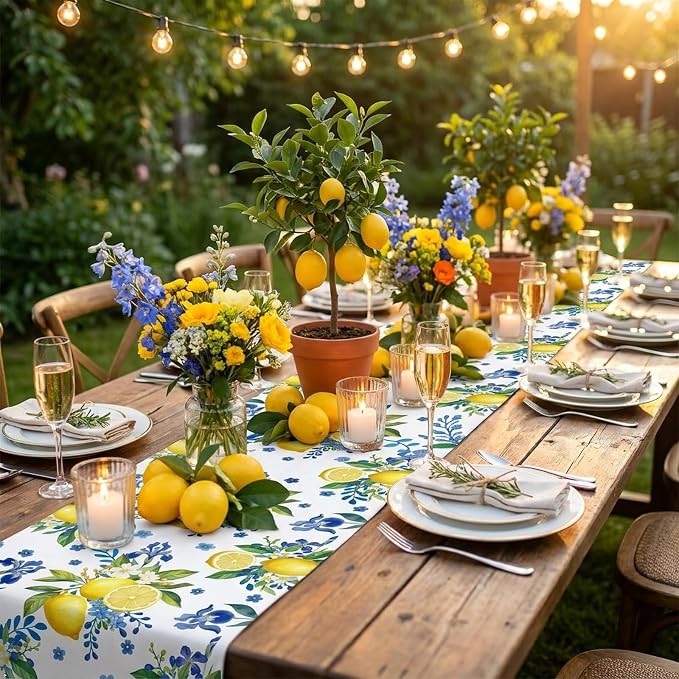 Lemon and Blue Floral Table Runner | Linen Texture Fabric, Easy Care Machine - Image 2