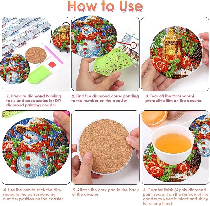 8 Pcs Christmas Diamond Painting Coasters Kits 4X4in | Christmas Diamond Art - Image 7