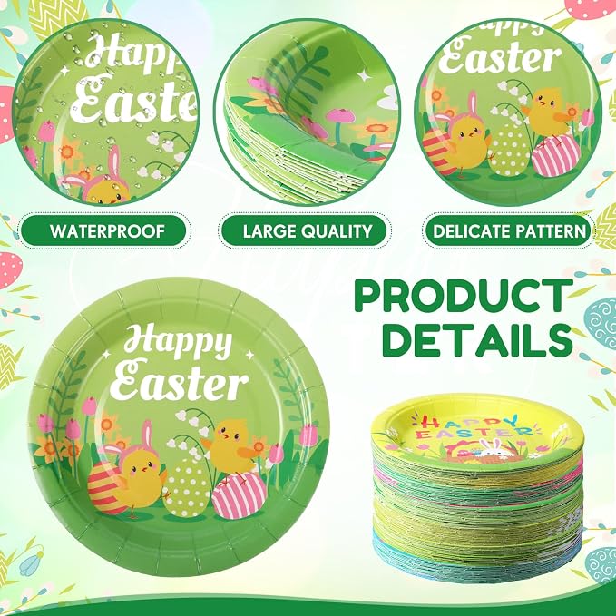 120 Pieces Happy Easter Paper Plates Bulk 7 Inch Bunny Eggs Disposable Easter - Image 3